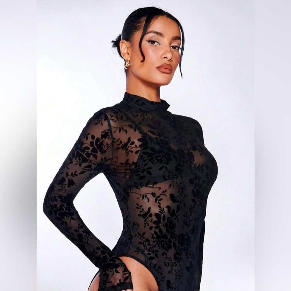Large SHEIN BAE Mock Neck Flocked Floral Me Sheer Bodysuit